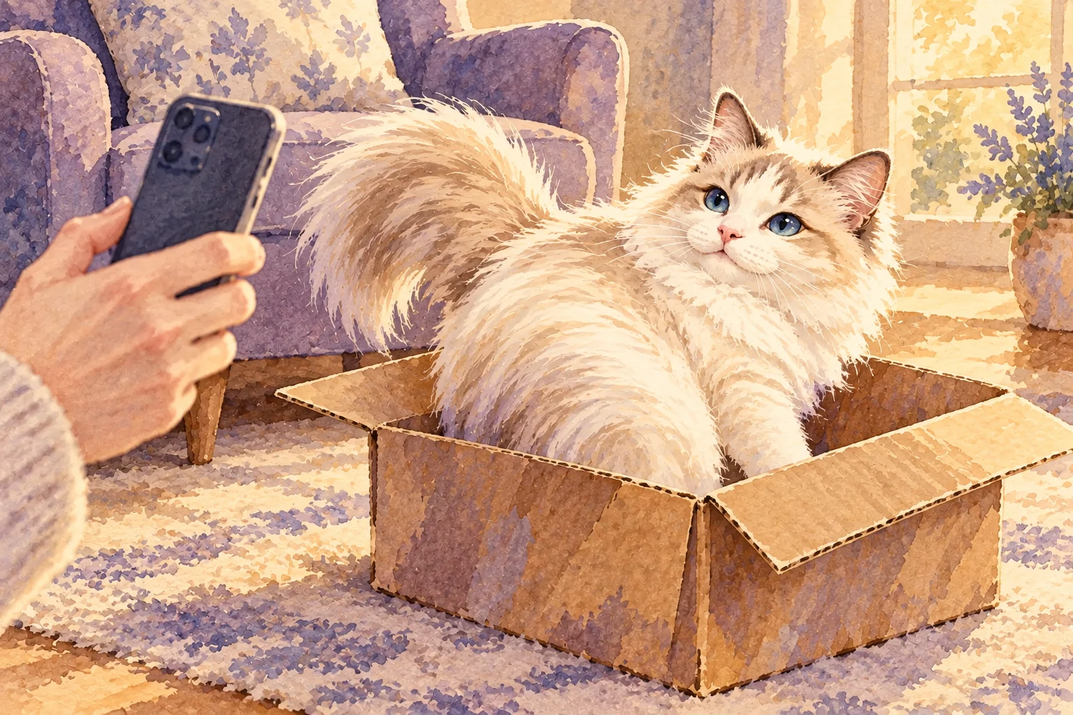 Malarska ilustracja Fredzi siedzącej w zwykłym pudełku, obok dłoni trzymającej telefon.